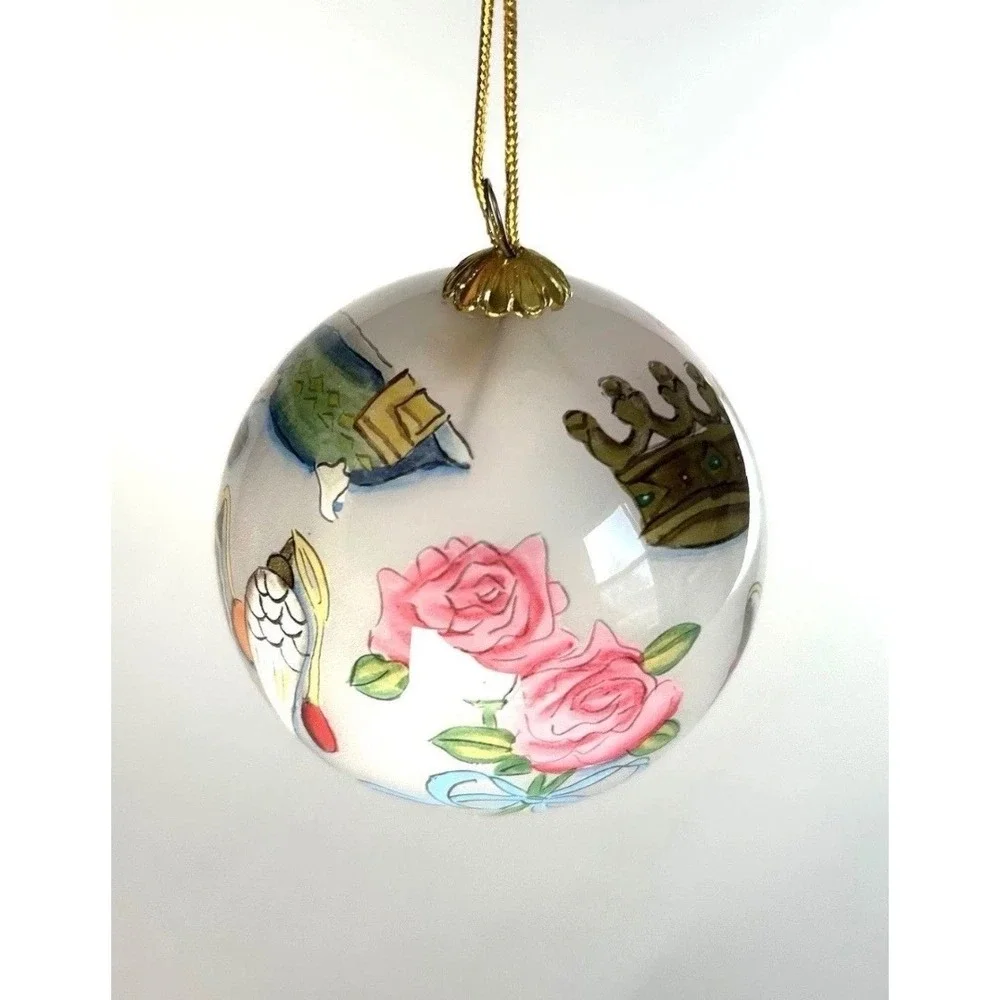 Vintage Dillard's Trimmings Inside Painted Glass Ornament Spa Beauty Roses Box